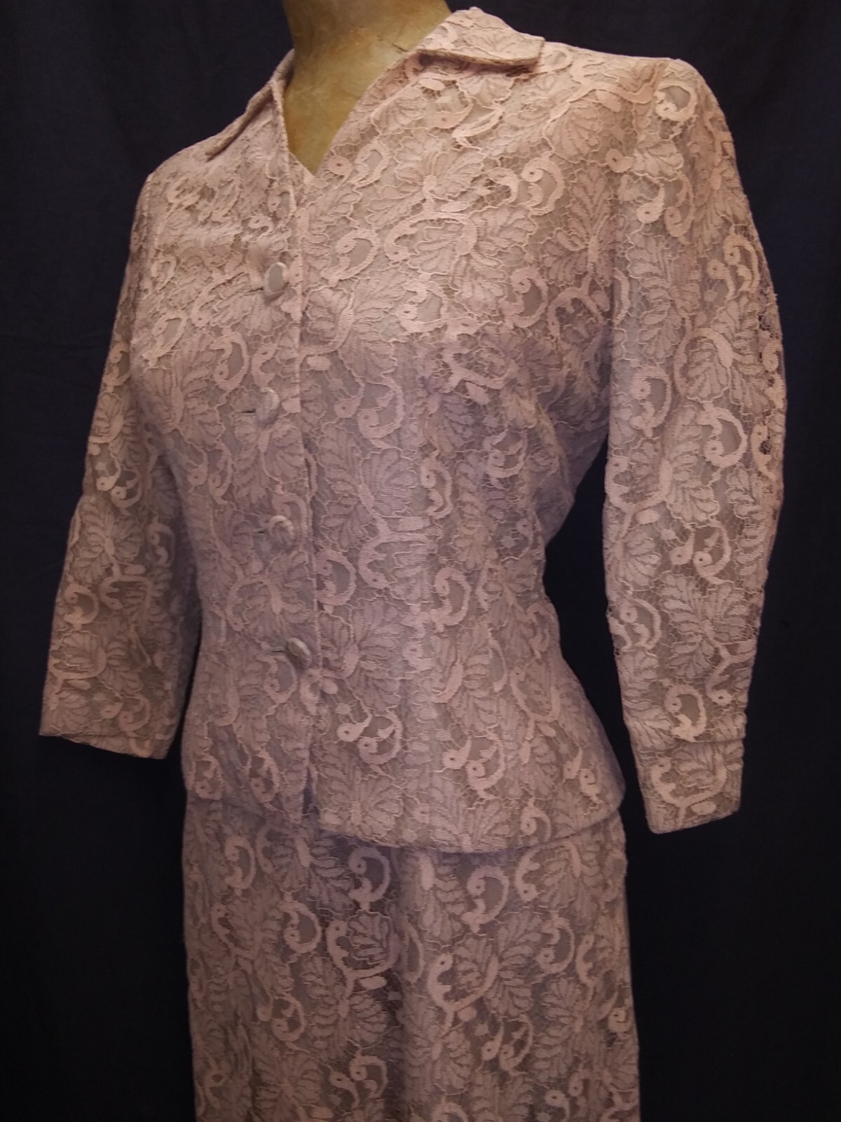 Vintage 1950’s Tan Peach Lace Dress & Jacket Set A Melody Dress M
