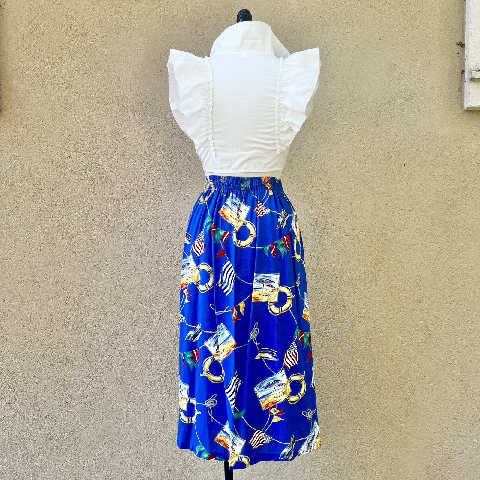MARITIME NAUTICAL Sailing Yacht 90s 1990’s Vintage Novelty Print Rayon Skirt XL