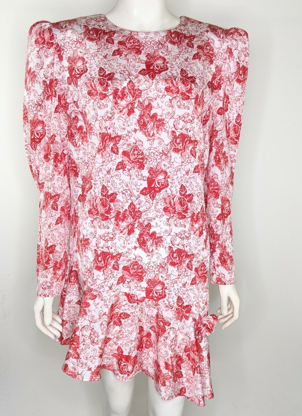 Vintage 80s Dress Womens 10 Long Top Retro Red White Shoulder Pads Puffy Sleeves