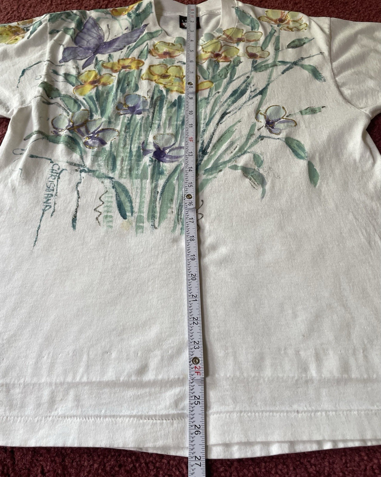 Vintage 90s Floral T Shirt Tee Womens Sz L Yellow Green Single Stitched USA Made