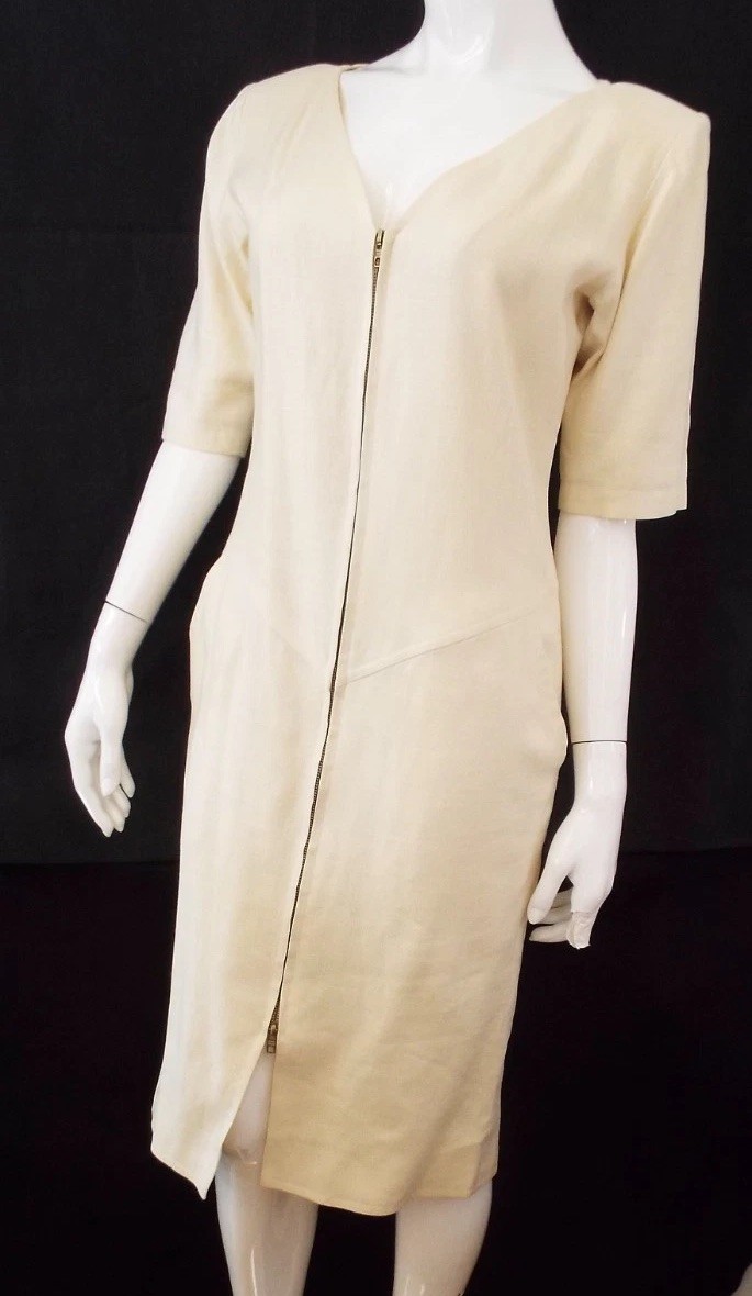 Vintage 1970s Yves Saint Laurent Rive Gauche Cream Linen Zipper Dress 40 YSL