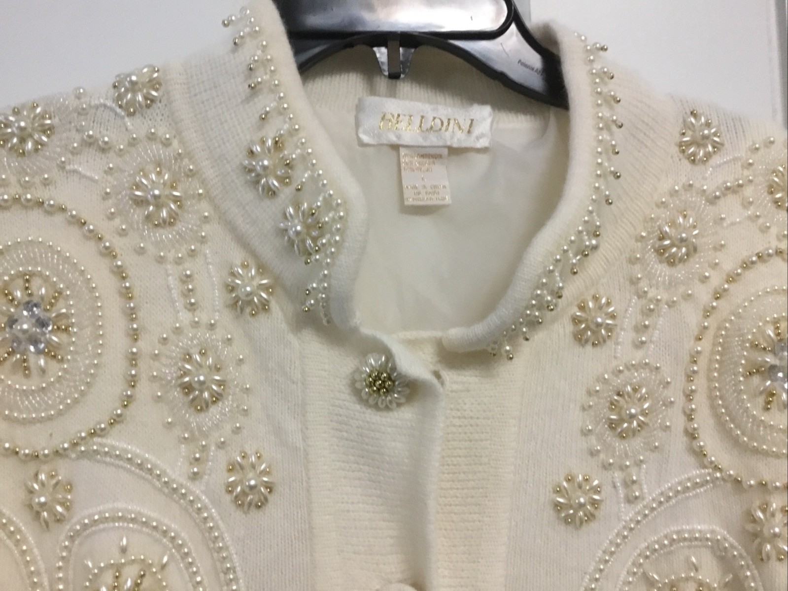 Vtg Belldini CardiganSweater Beaded WoolAngoraNylon L Ivory Shoulder Pads Lined