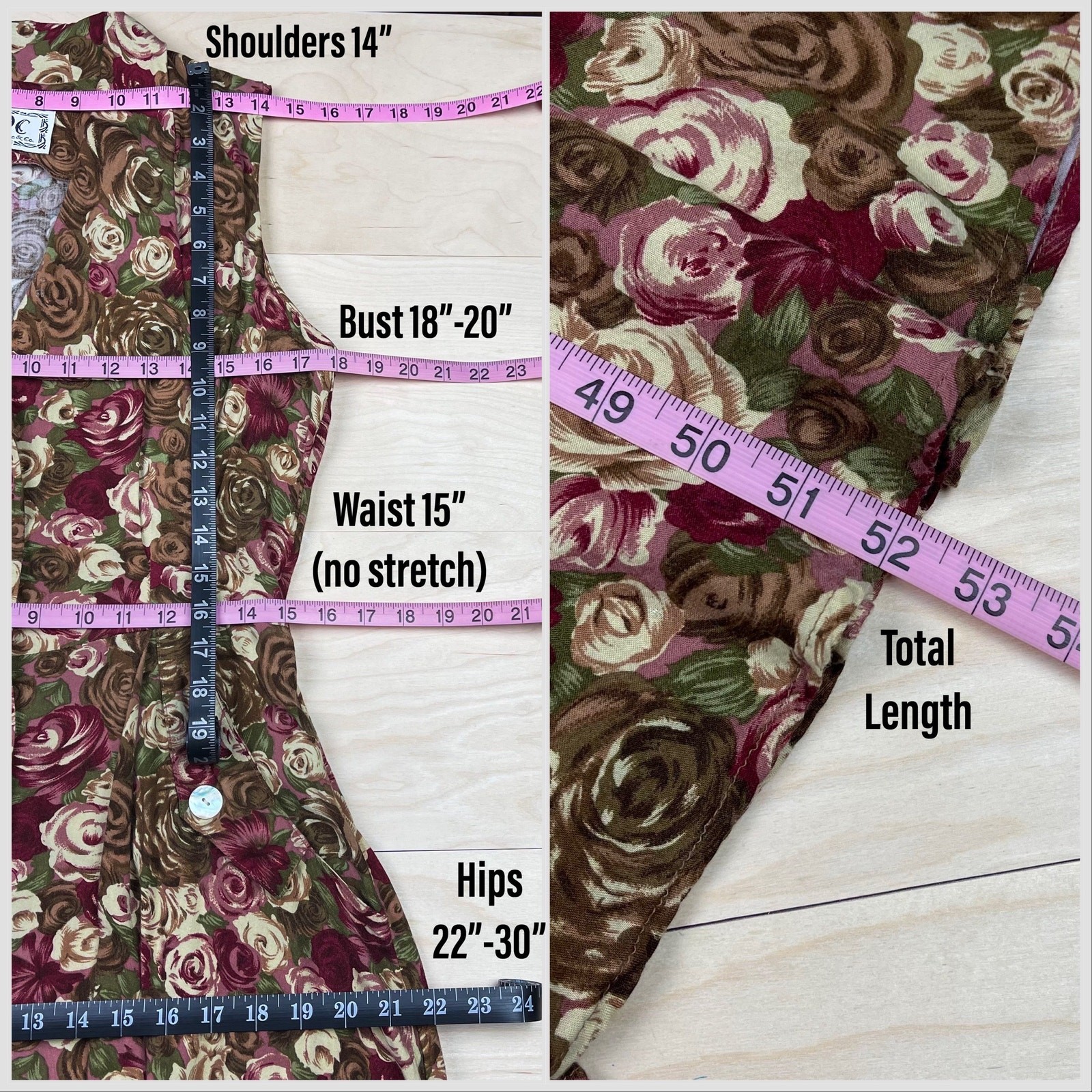 Vintage 1980s Brown Floral Sleeveless Button Front Midi Dress | 30″ Waist