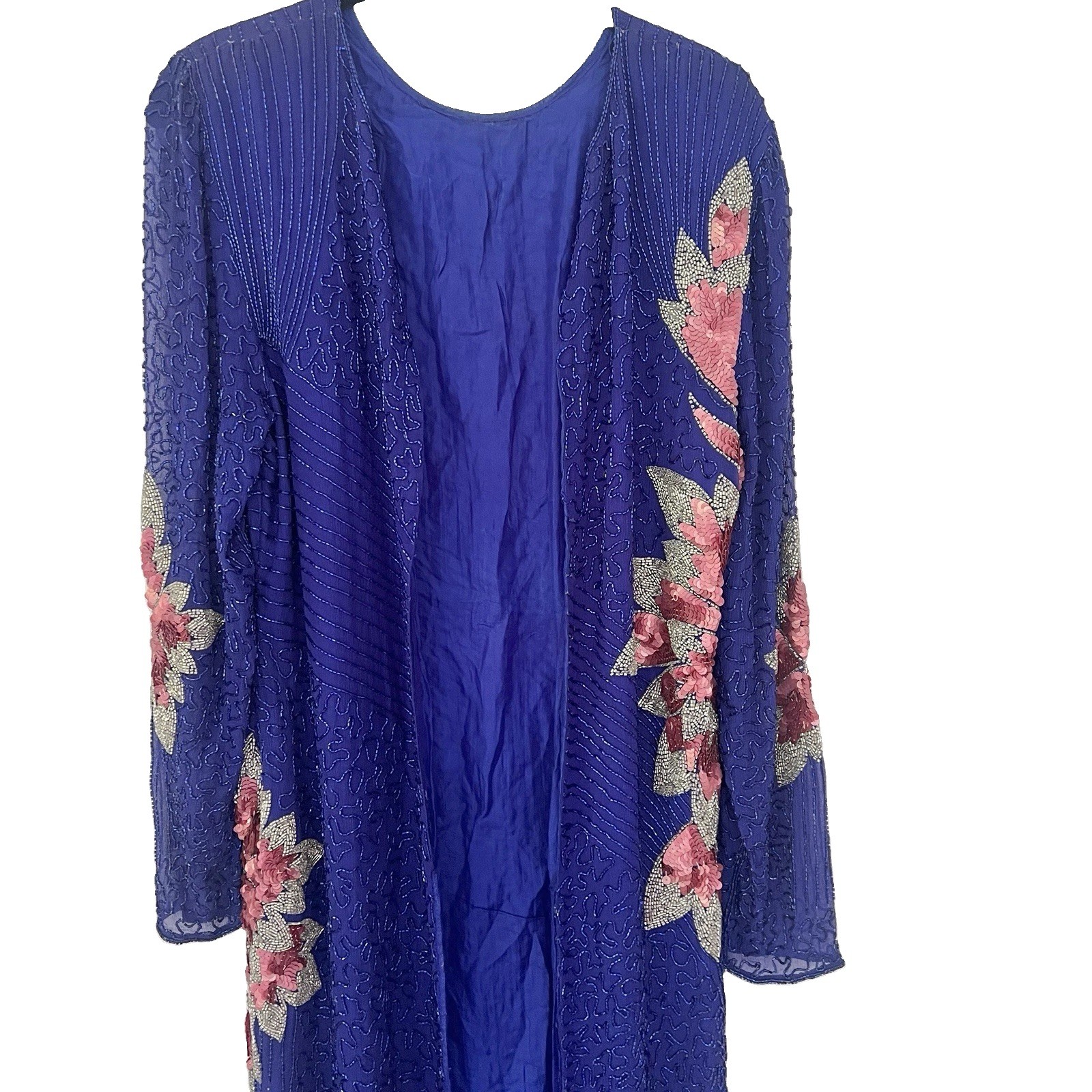 Vintage 80s Cobalt Blue Pink Silk Beaded Floral Maxi Duster Jacket Sequin