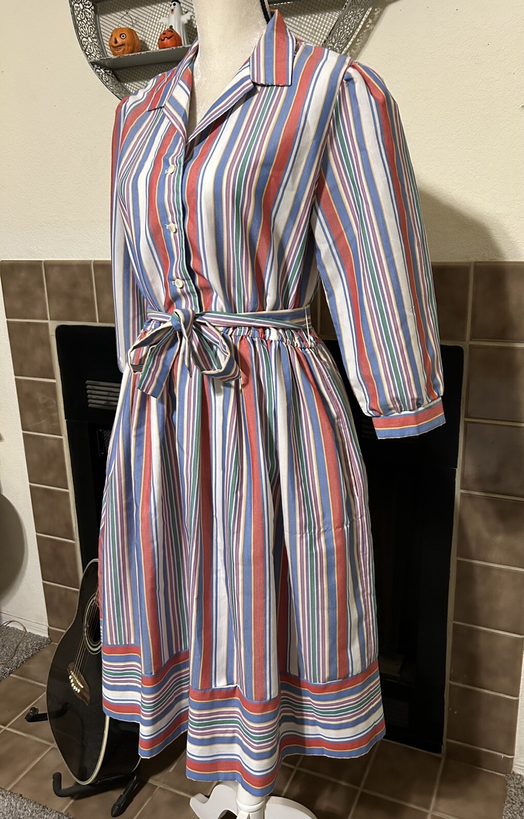 Vintage 1970s Dress Serbin Fit and Flare Striped Shirtdress Sz Large