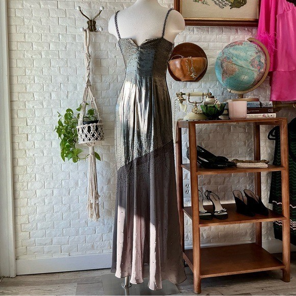 Vintage 1990s Y2K Cache Olive Satin and Chiffon Asymmetrical Hem Beaded Gown