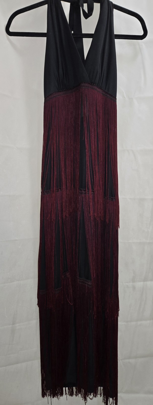 Vintage Womens Jack Hartley 70s Flapper Halter Dress Black/Burgundy Size Sm