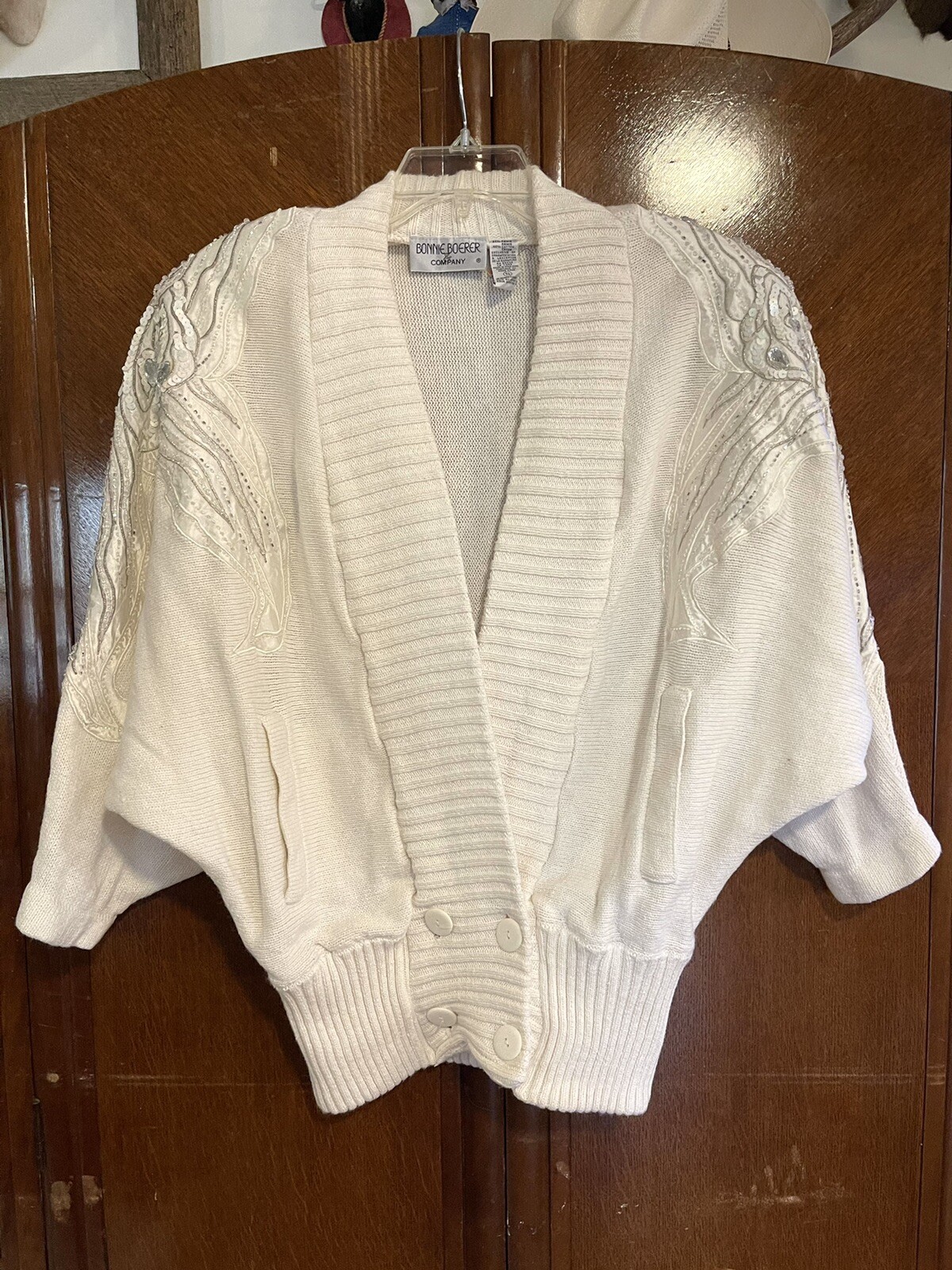 80s 90s Bonnie Boerer Beaded Cardigan Sweater Small Ivory Silver Sequins Chunky