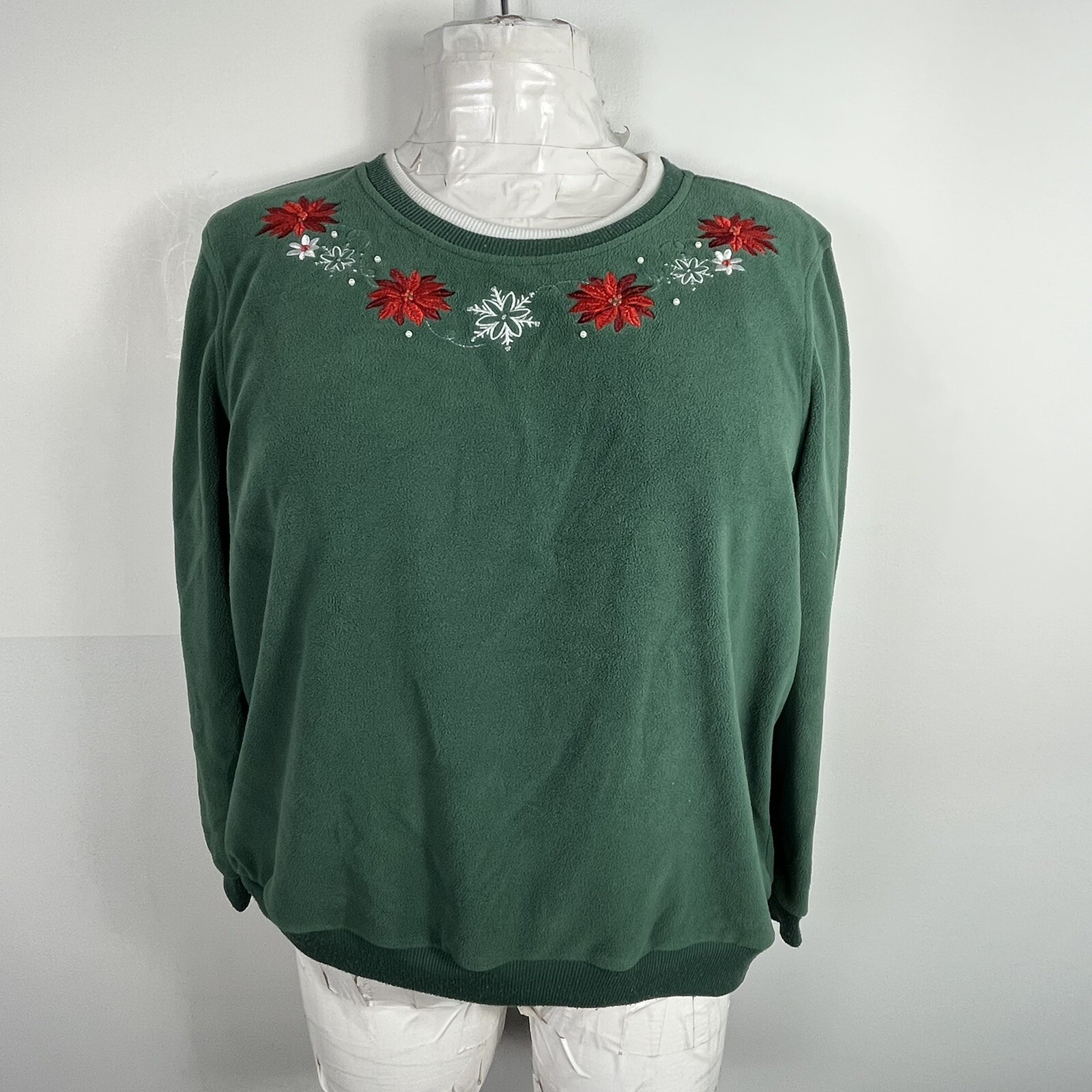 Talbots Green Sweater sz L Long Sleeve Embroidered Holiday Festive VINTAGE
