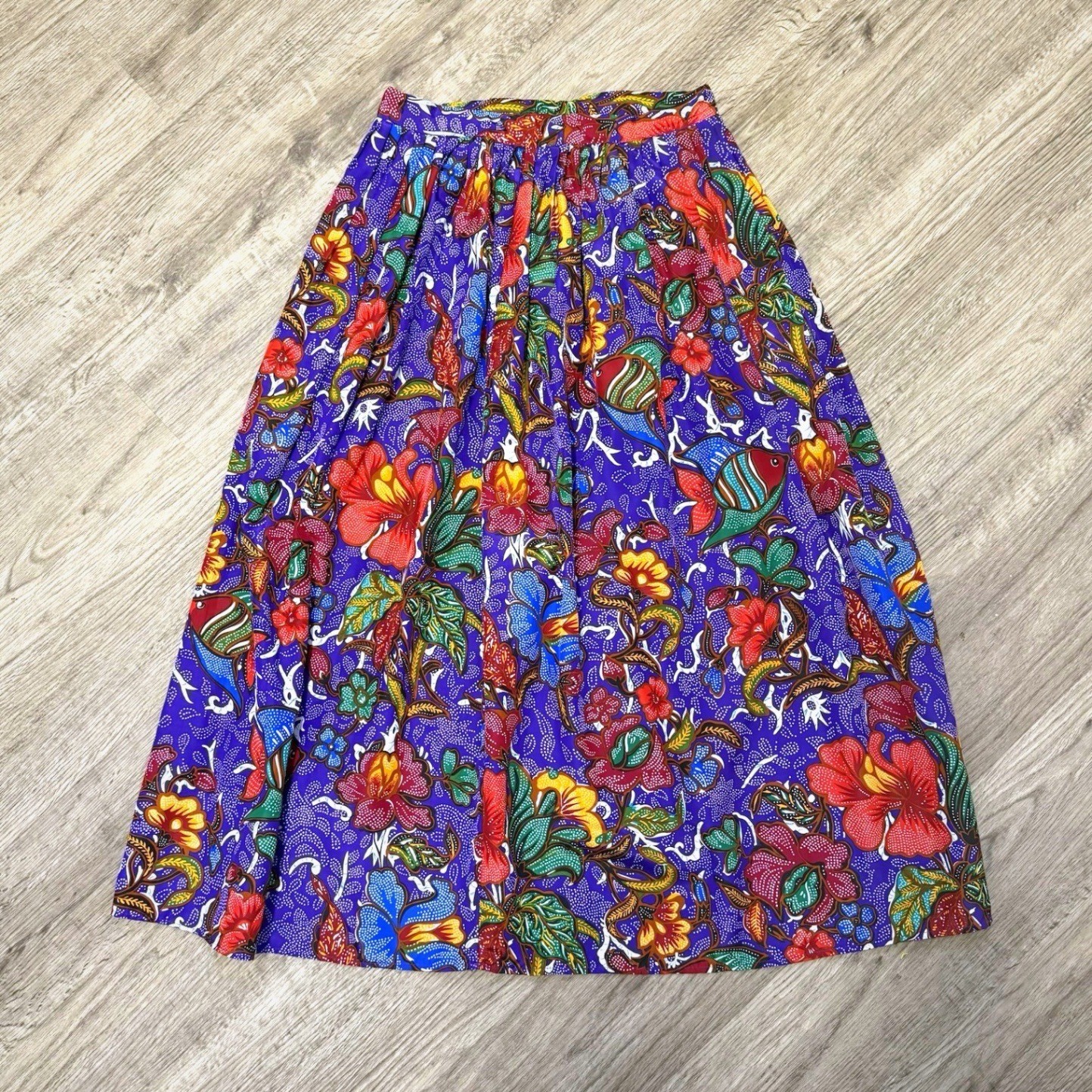 Vintage Avon Fashions Purple Tropical Fish Floral Batik Midi Skirt Sz 11/12 USA