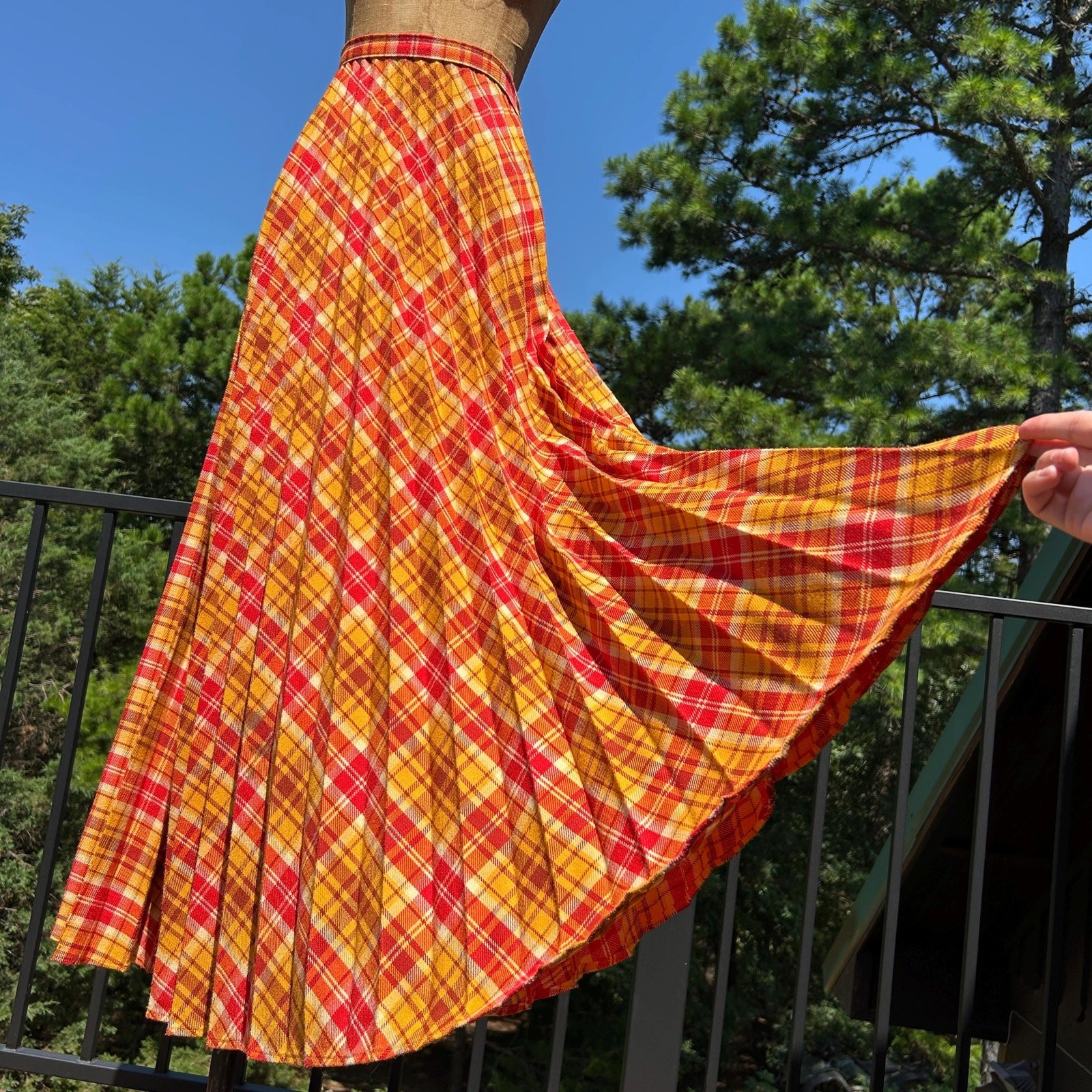 Vintage 60s Red Orange Plaid Accordion Fan Pleat High Waist Full Maxi Skirt M