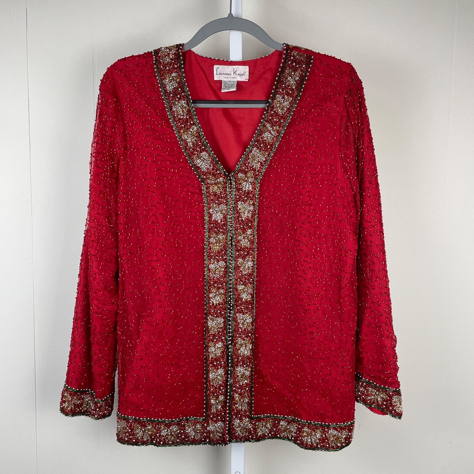 VTG Laurence Kazar Beaded Silk Jacket Womens M Christmas Holiday Bows Glam
