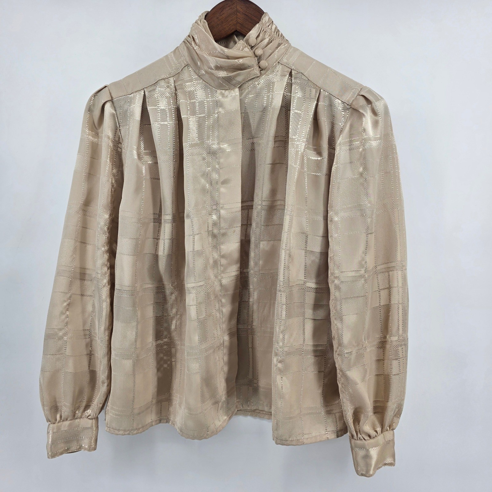 Yves St Clair Petites Vintage Champagne Metallic Plaid High Neck Blouse 4P