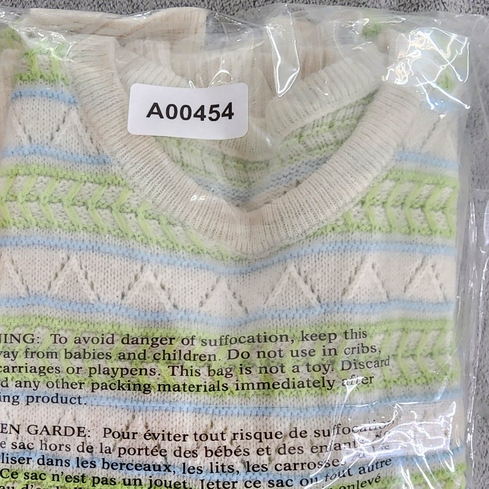 Vintage Sweater Womens XS Cream Green Blue Striped Pointelle Cardigan Twin Set