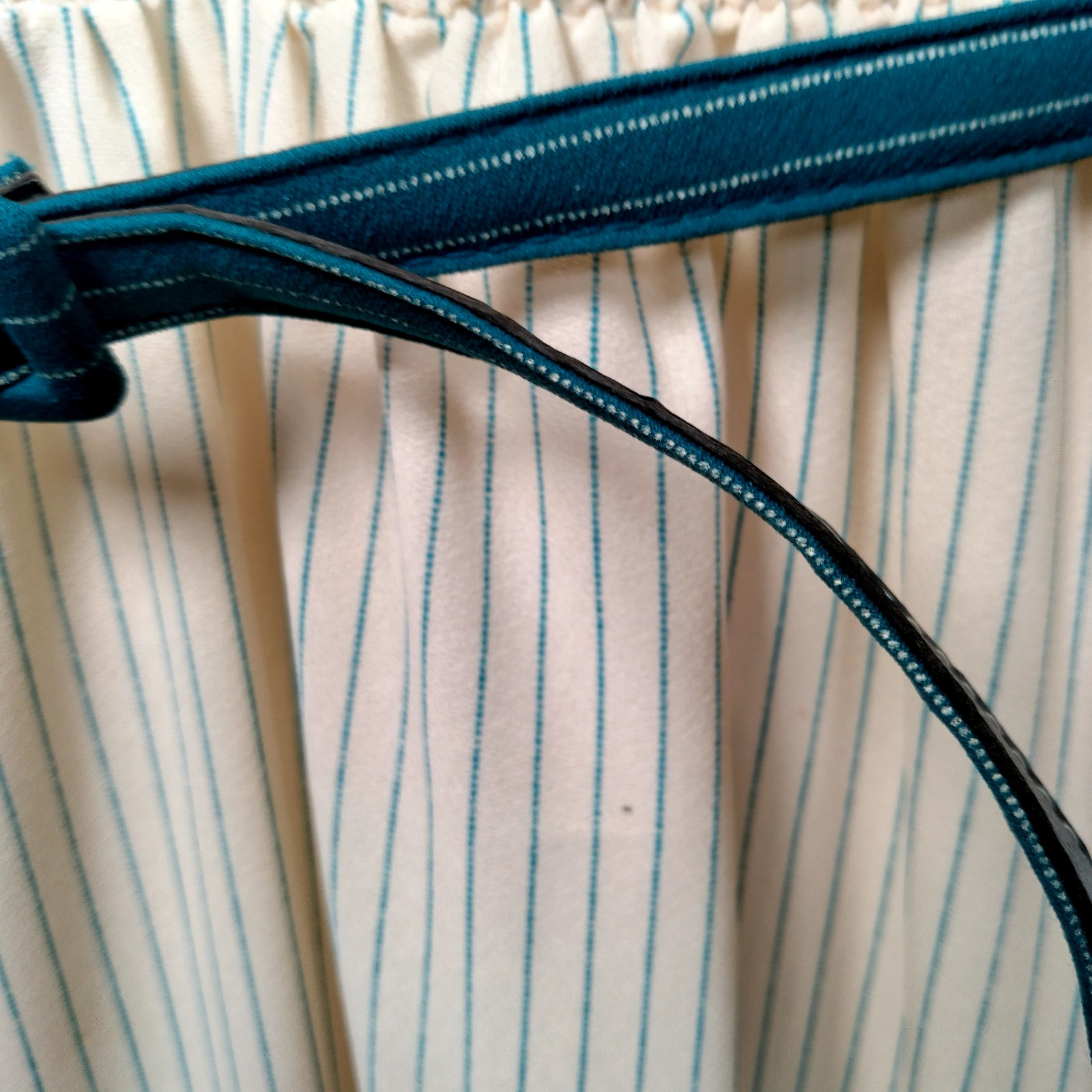 Vintage 1970s Dress Size 7 Ivory Blue Stripe Button Up Collar Belted Secretary