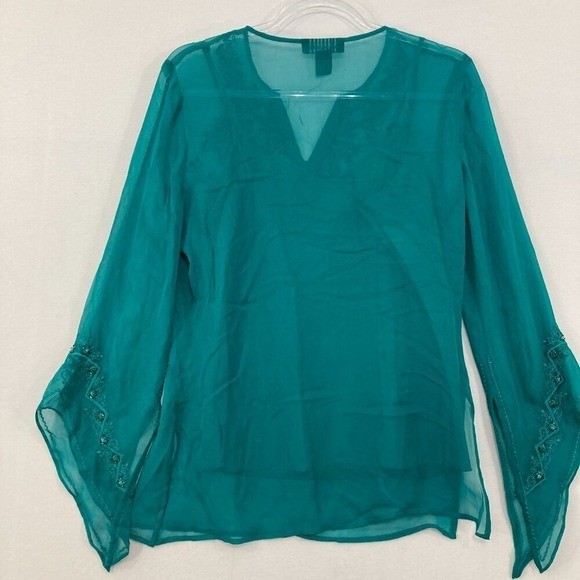 Vintage Silk Land Size Small Teal Embroidered Beaded Flare Sleeve Fairy Blouse
