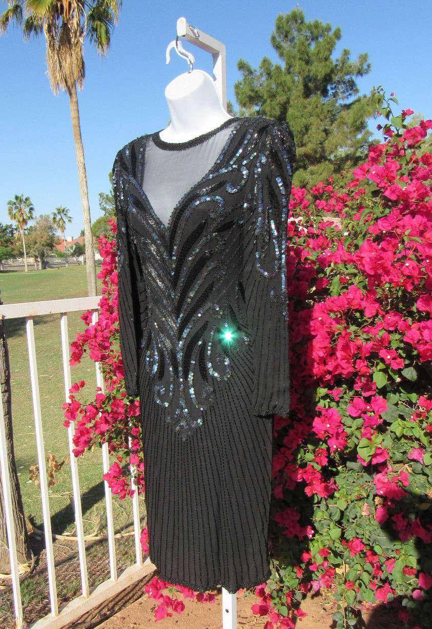 VTG A.J. BARI BLACK SILK SEQUIN BEADED DRESS SIZE 8 RAYON INNER LINING