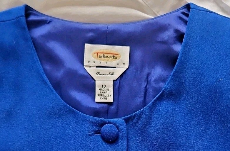 Talbots Petites Pure Silk Suit Jacket Career Cobalt Blue Covered Buttons Size 10