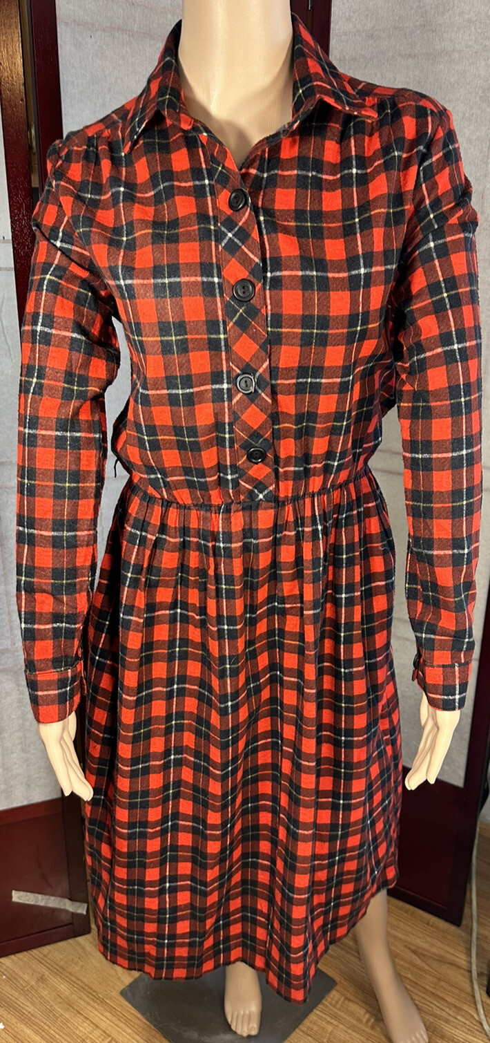 VTG 80’S Flannel Dress Midi Length Red Black Plaid Elastic Waist SZ8 Long Sleeve