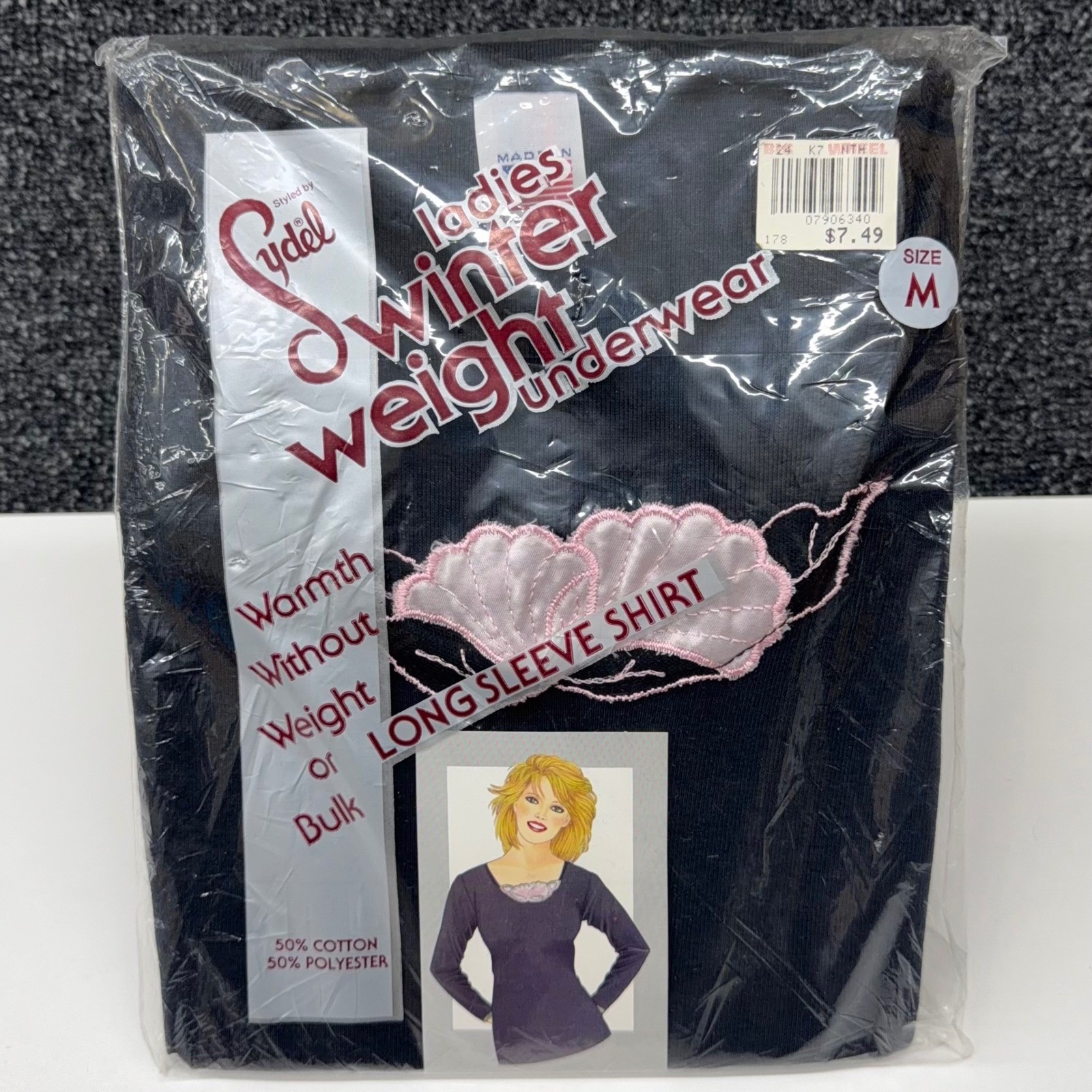 Vintage Sydel Ladies Winter Weight Thermal Shirt Navy Pink Lace Made in USA Med