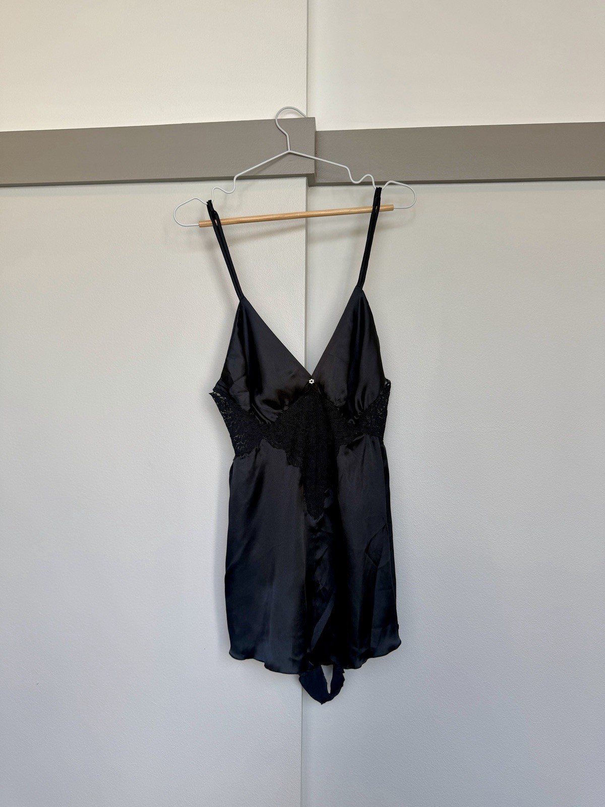Olga Black Satin Lace Teddy Bodysuit L Made in USA Spaghetti Strap Lingerie