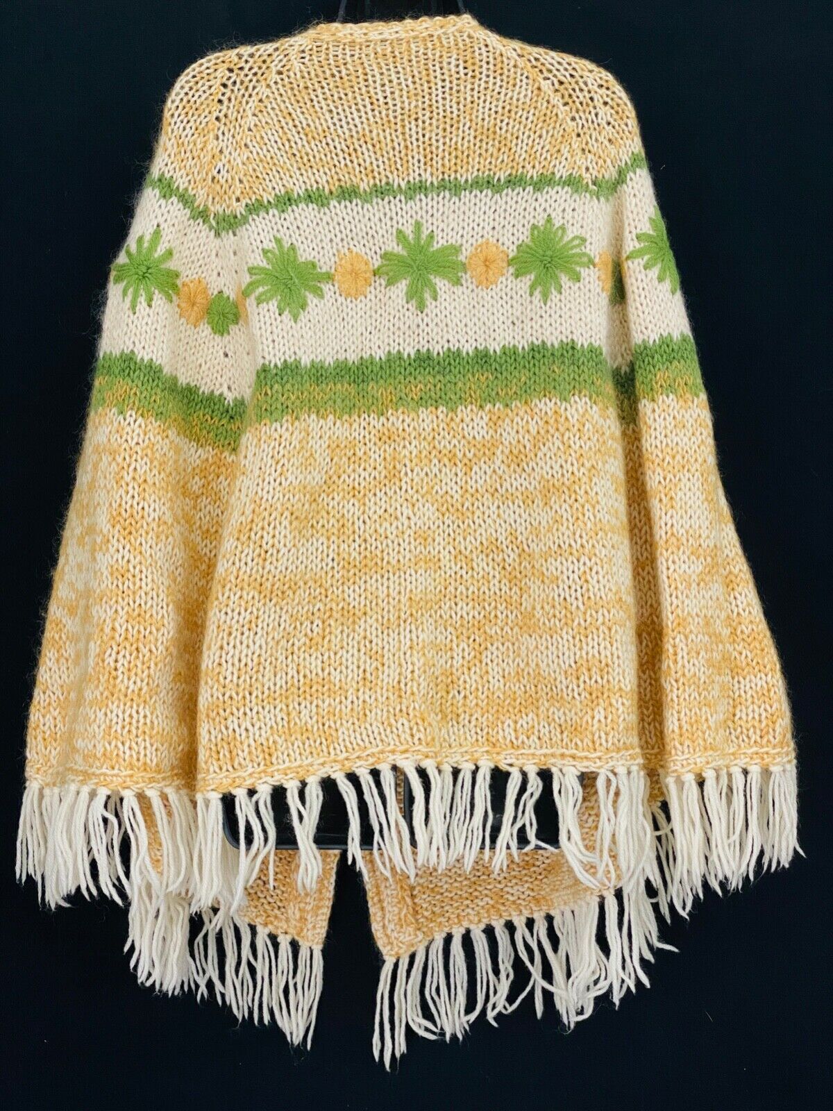 Vintage 1970s floral poncho, cape embroidered fringe knit white cream wool