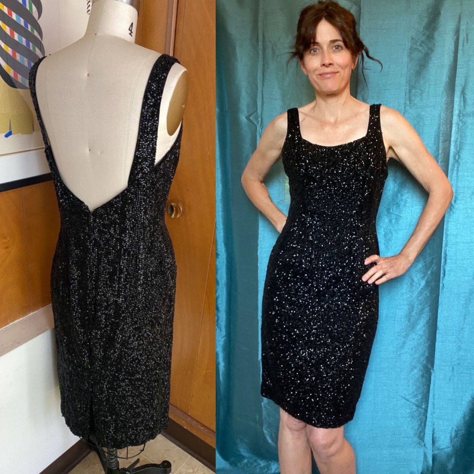 VTG sparkly heavily beaded Sequin Dress S 4 6 sleeveless sexy bodycon low back