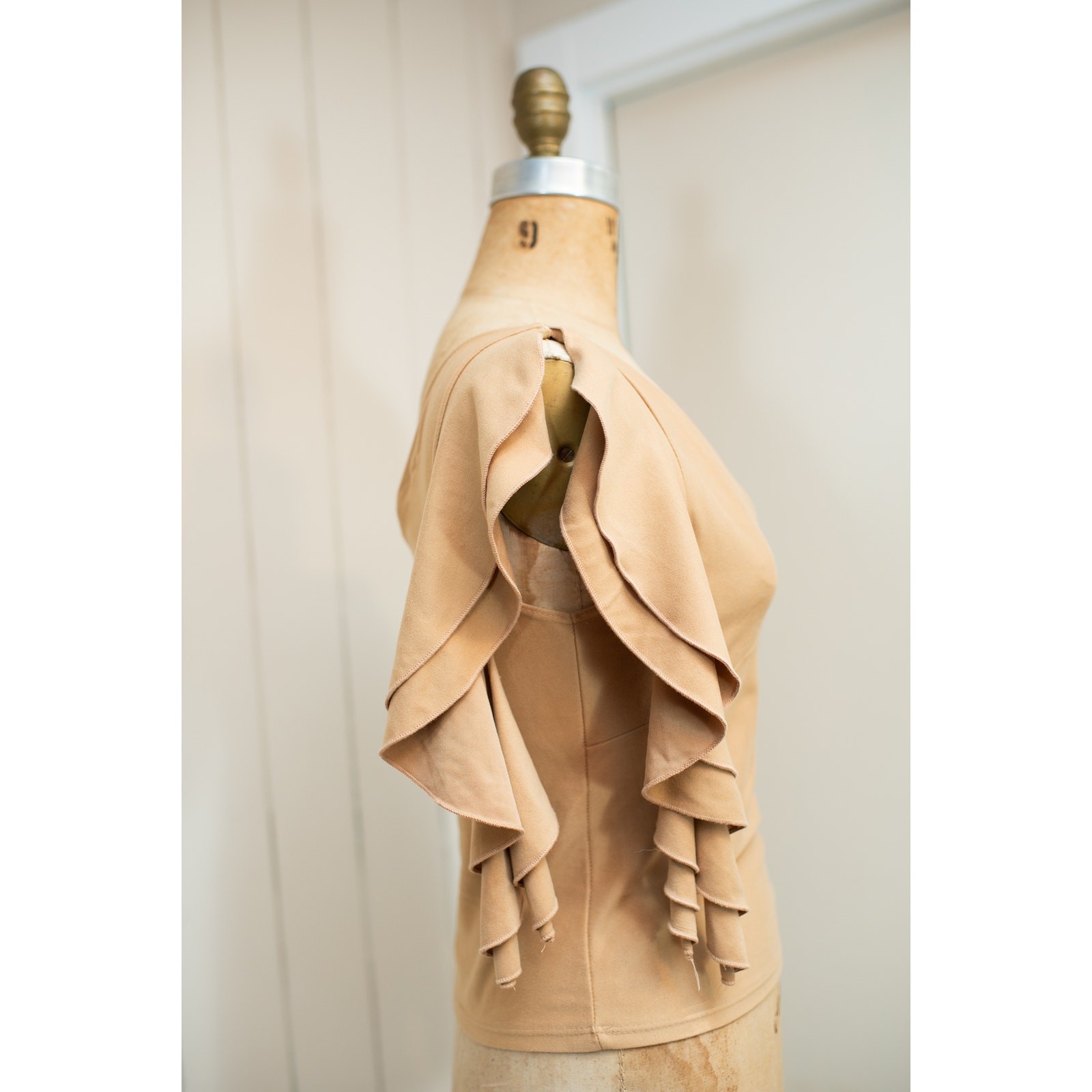 Vintage Y2K Tan Camel Brown Flutter Sleeve Top Fairycore Boho Festival Blouse LG