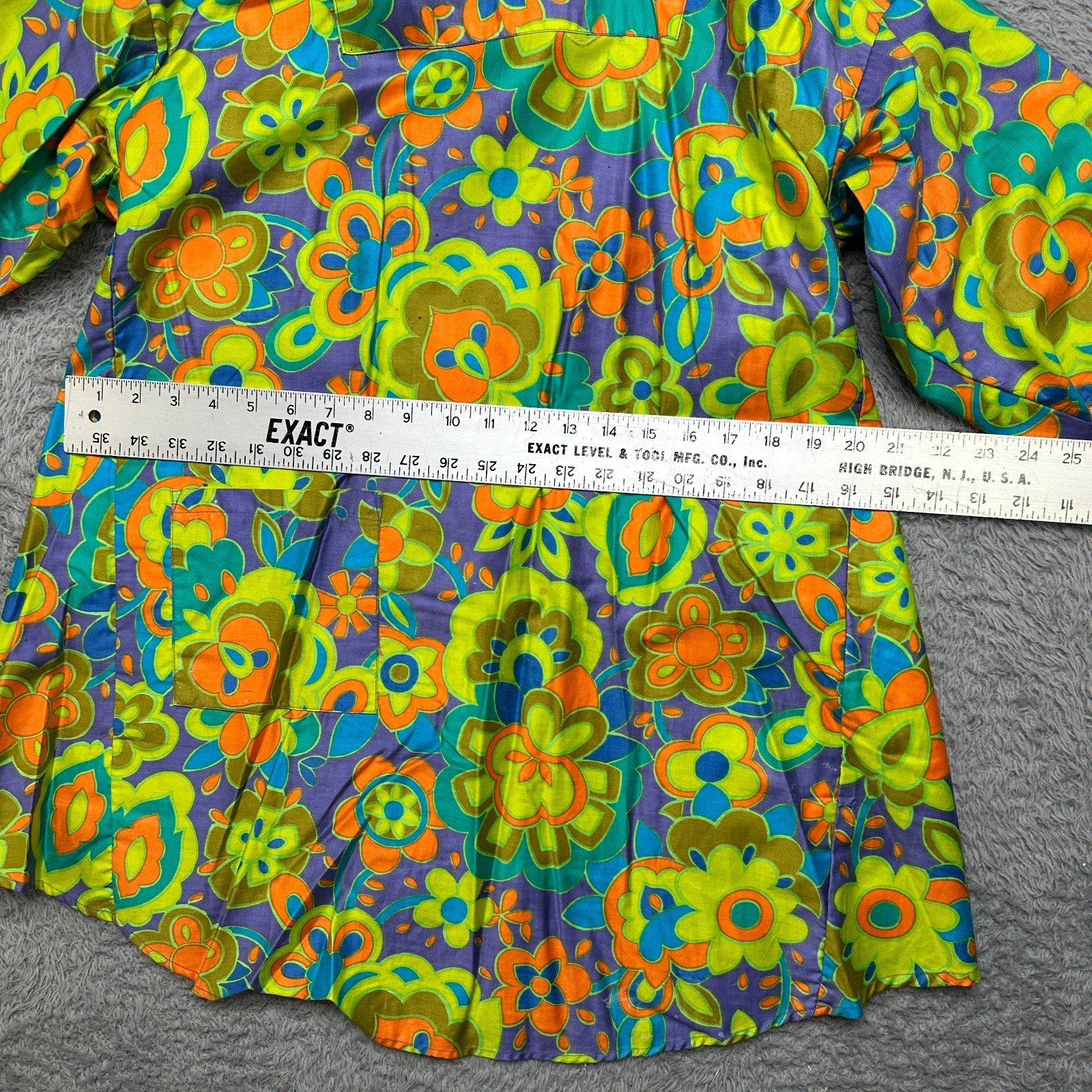 Vintage 60/70s Smock Shirt Womens M Green Groovy Mod Flower Psychedelic Top