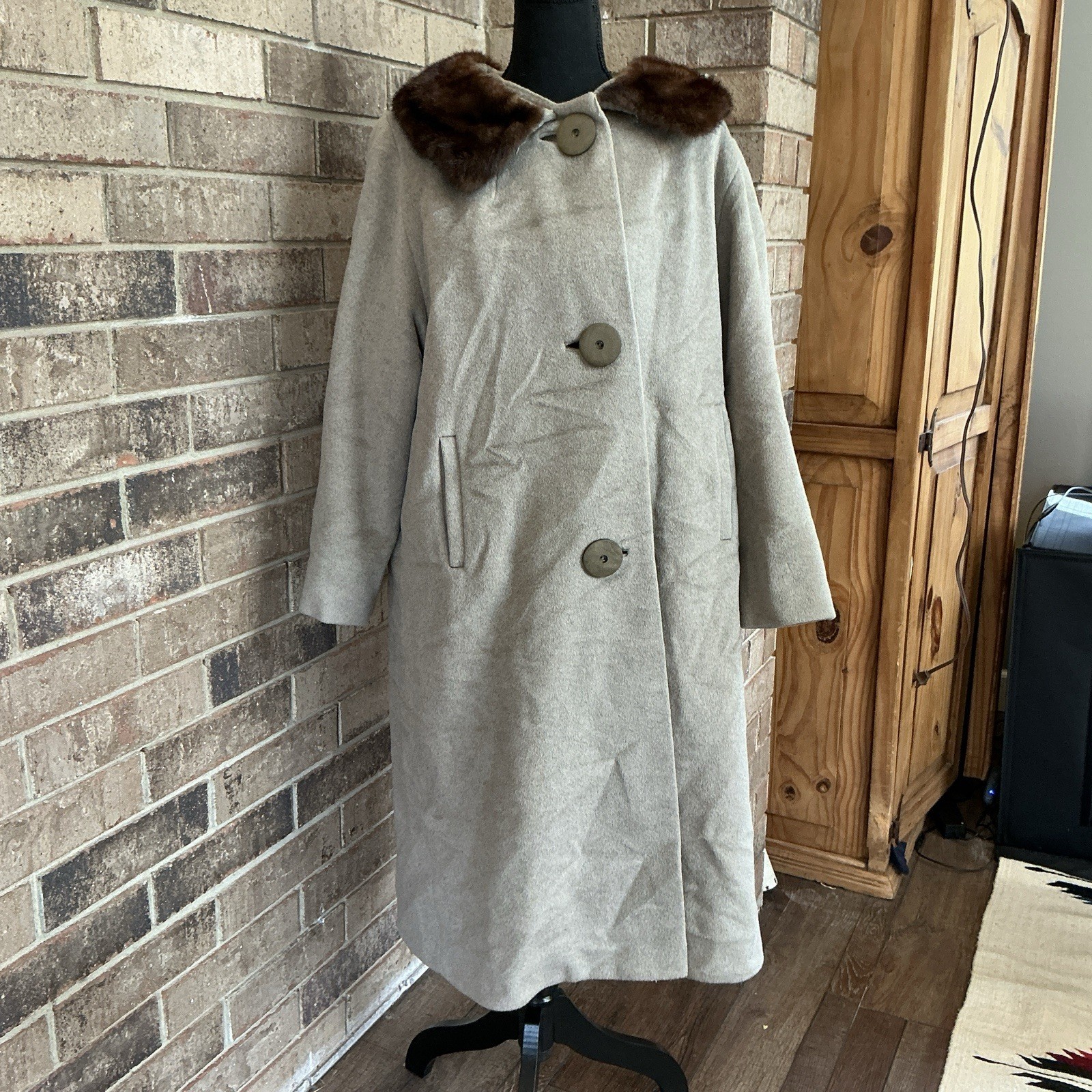 50s VTG The Palace Worumbo Furlaine Wool Coat Mink Fur Collar Womens L/XL #33D6