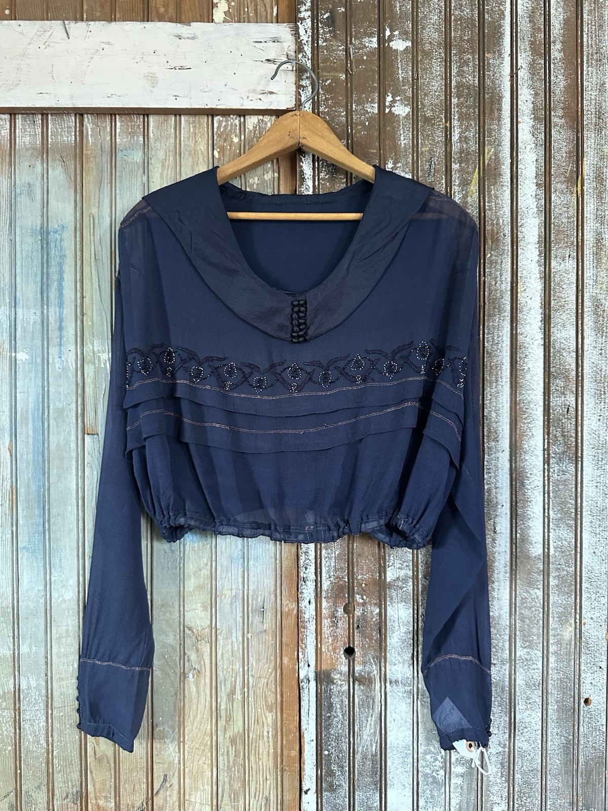 1920s 1930s crepe silk beaded appliqué sailor collar dainty sheer blouse