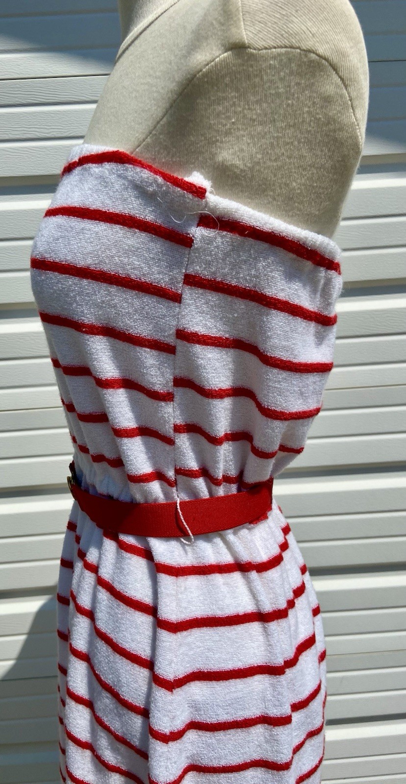 Vintage Auth 70’s Strapless Terry Cloth Tube Top Striped Red White Belt Dress
