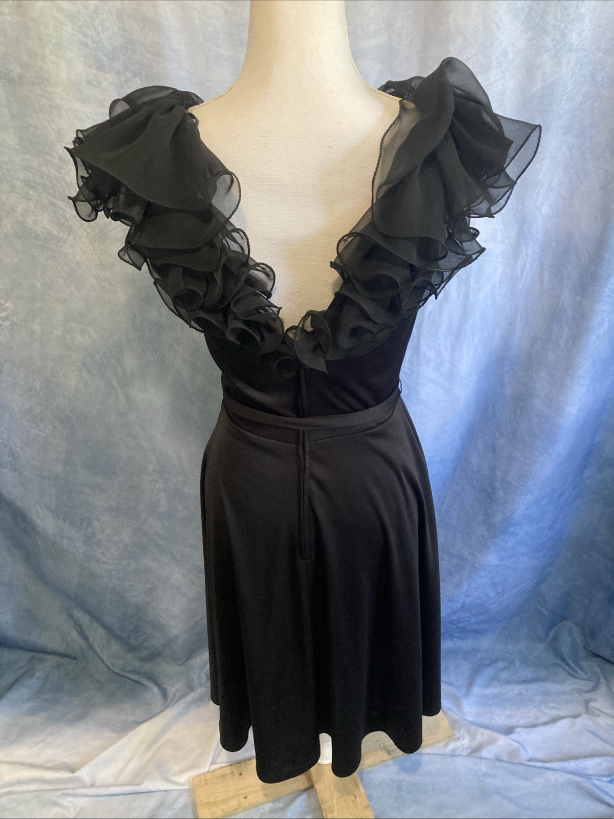 Vtg 70s Black Sheer Ruffled Party Dress XS Lightweight Polyester ILGWU Union Tag