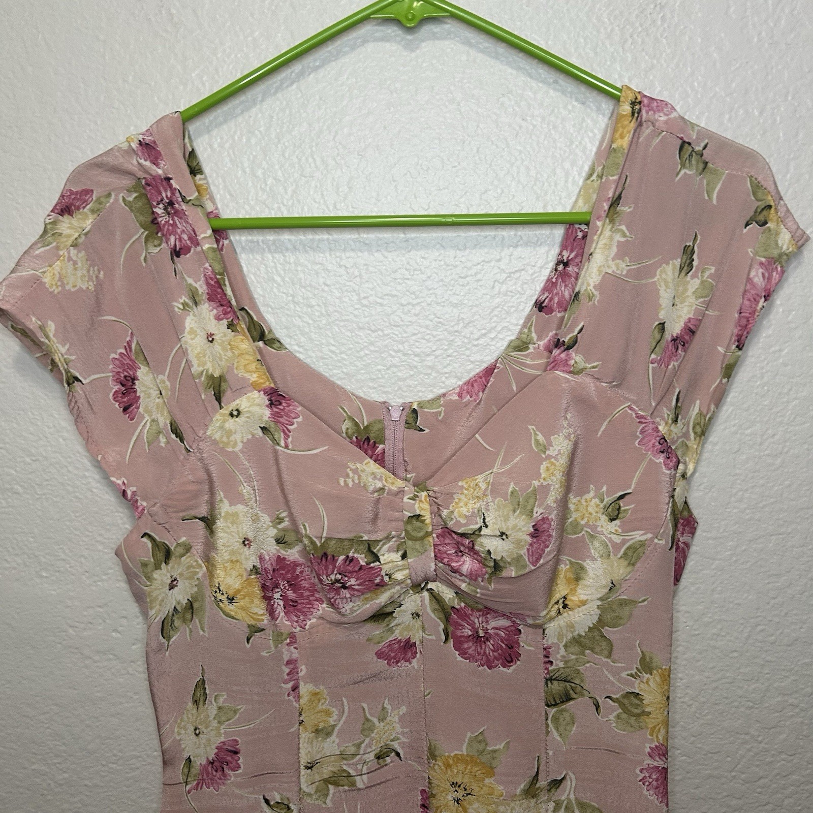 Vintage 90s Pink Floral Rayon Dress Cottagecore Coquette Fairycore Size 8