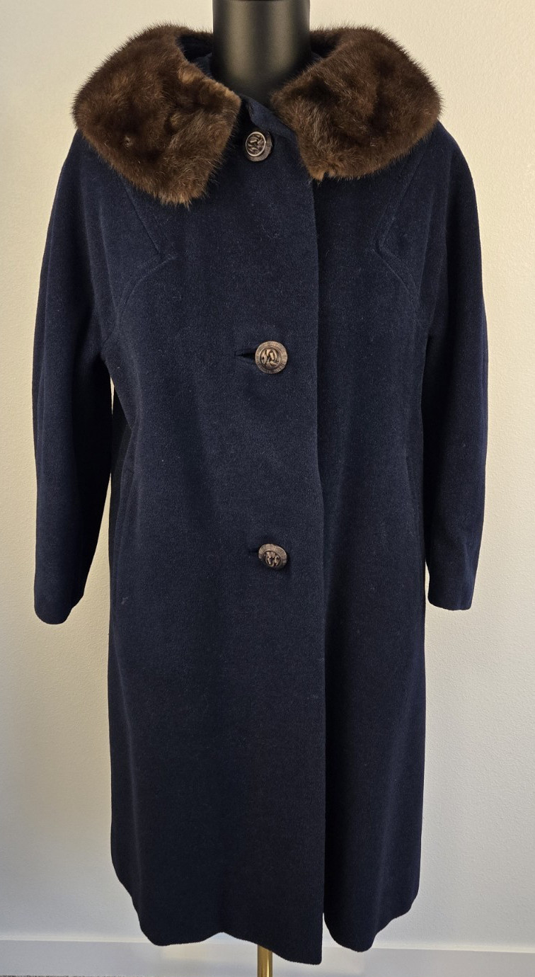 Vintage SHAGMOOR Coat Fur Collar Blue Brown Union Made Womens Retro 50’s 60’s