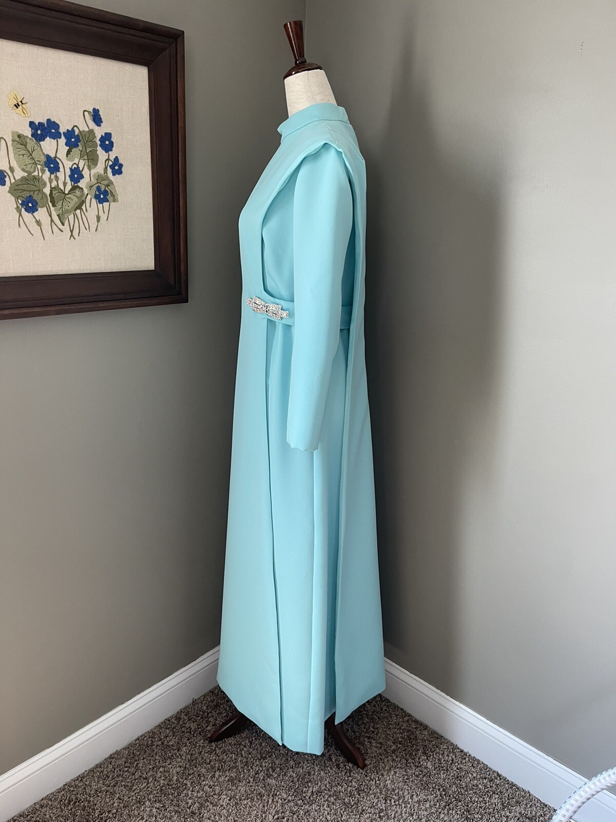 Vintage 1950s -60s Formal Gown Dress Teal Blue Embellished Crystals Horror Movie