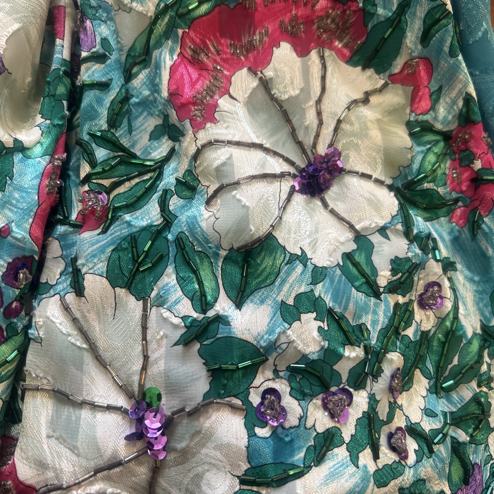VTG 80’s Diana Freis Floral Print Brocade Poly Dress W/ Sequins+Scarf NWT Mod 12