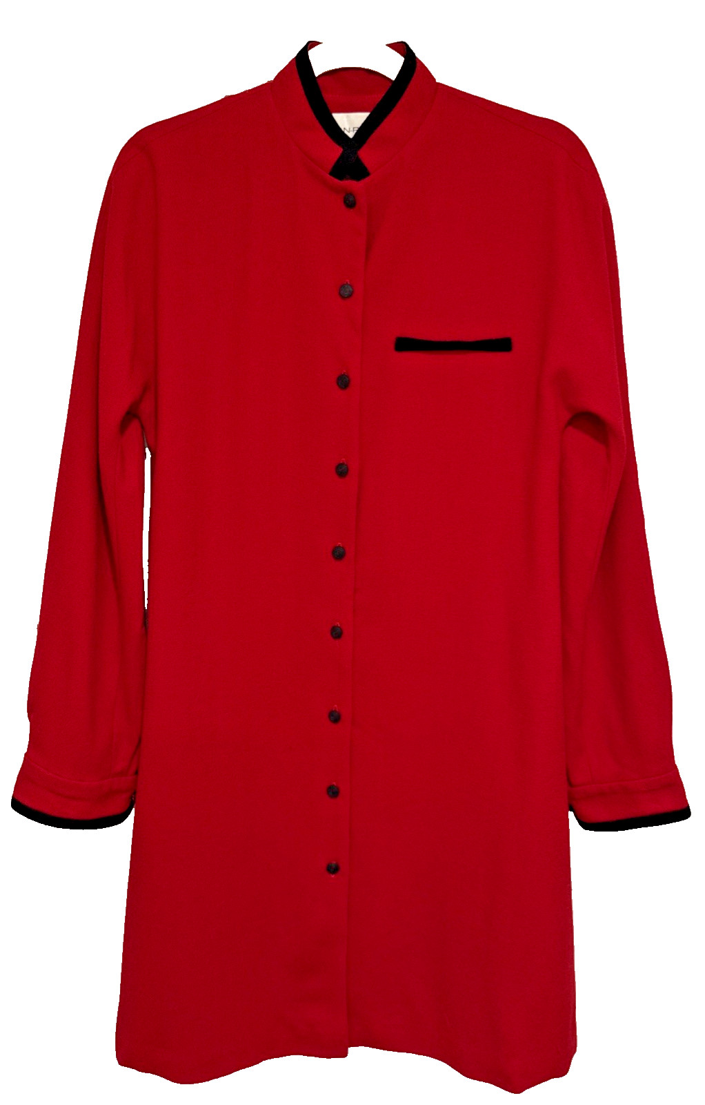VTG Evan Picone Red Wool Dress Mandarin Collar Blk Trim 80s Power Dress Sz. 4