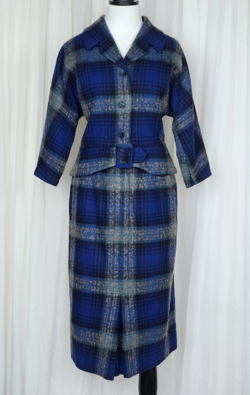Vintage 40s 50s Earle Picard blue wool tartan plaid jacket skirt suit set S