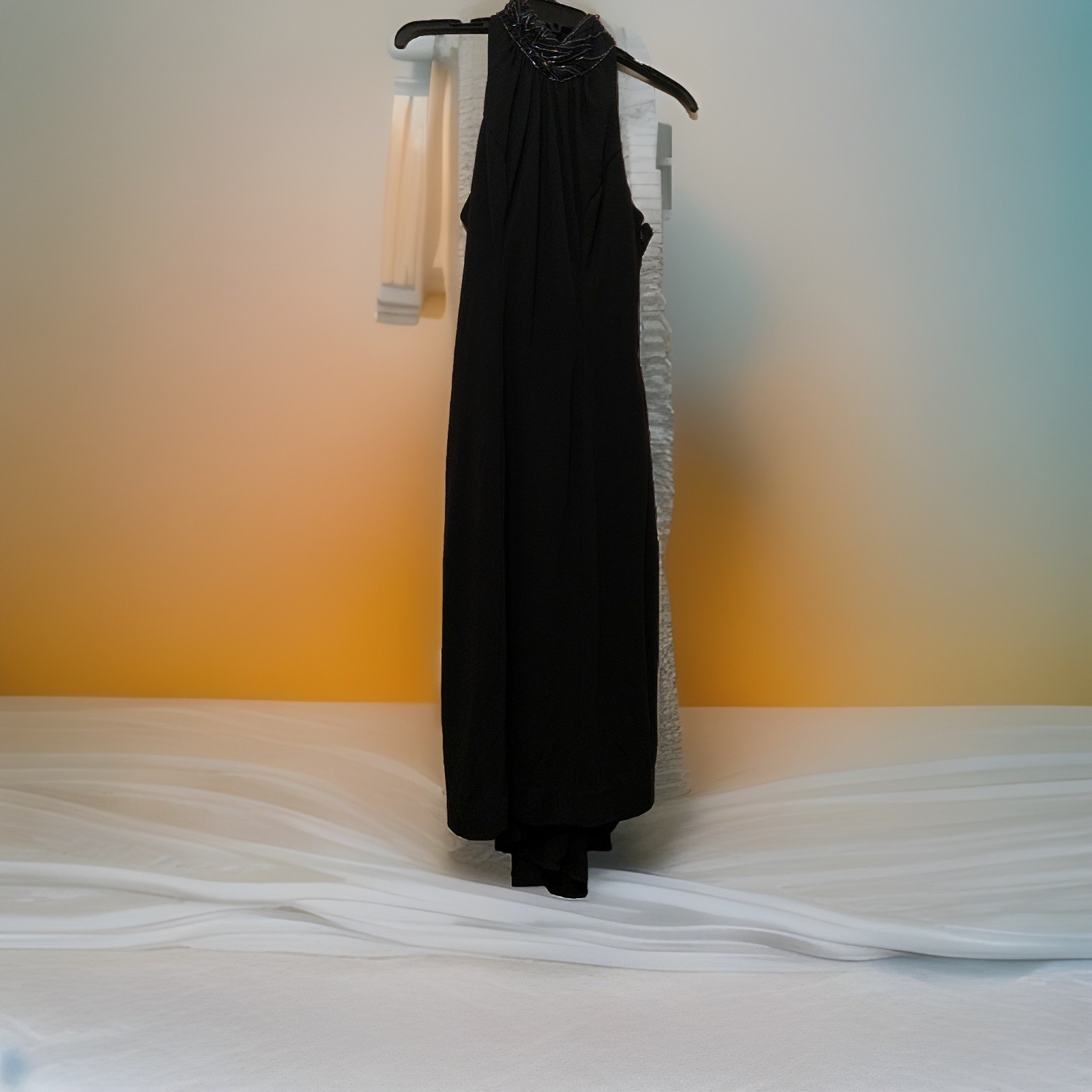 💥VGT 1980s Casadei Halter Beaded Sleeveless Cocktail Dress Black Pencil Dress