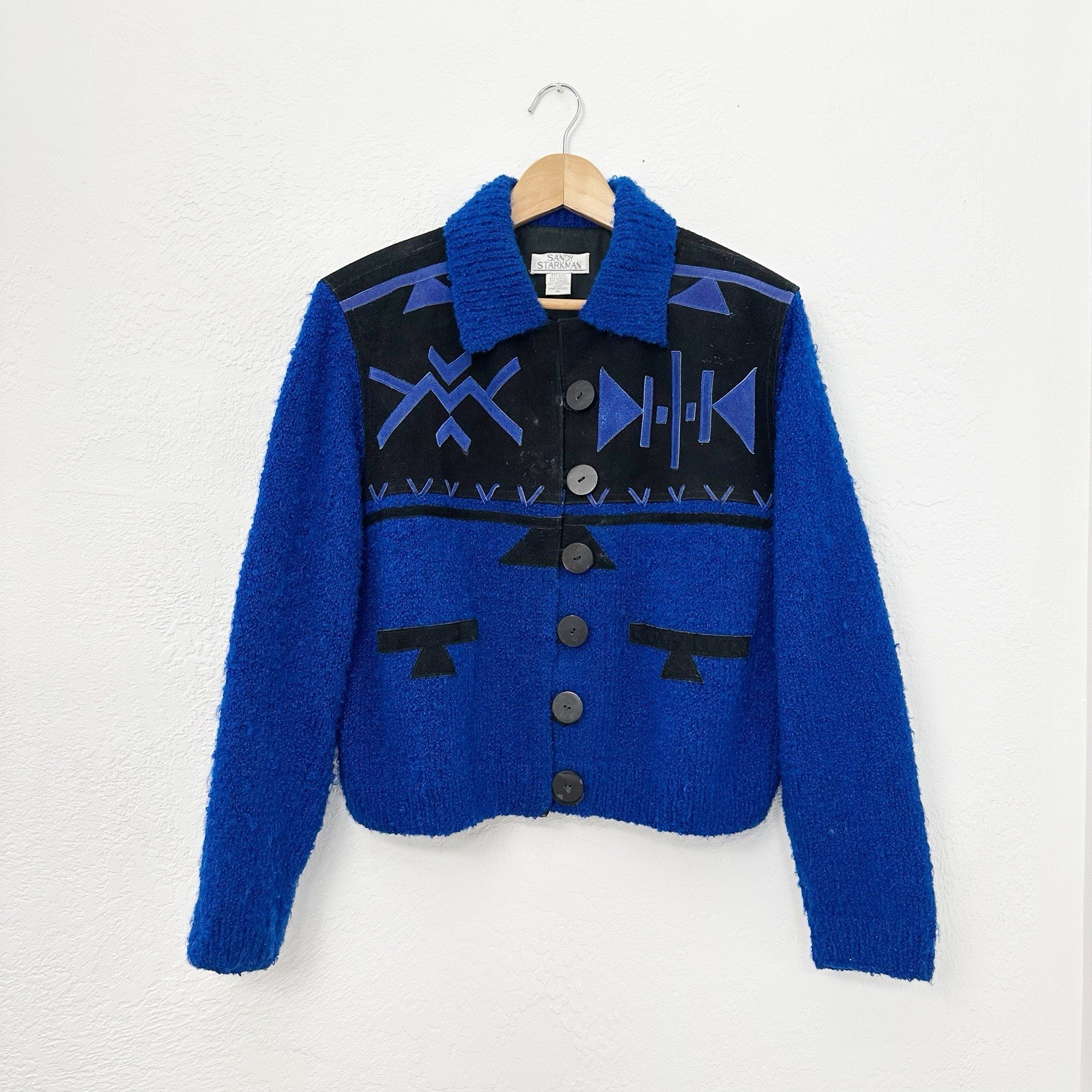 Sandy Starkman Vintage 80s 90s Suede & Knit Jacket Blue Black Sz XL Western Boho