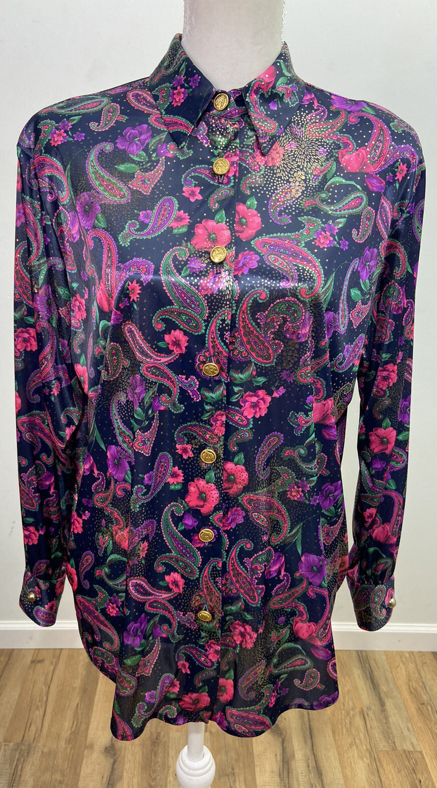 Vintage Silver Threads Multi-Color Floral Paisley Shiny Button Shirt Size Medium
