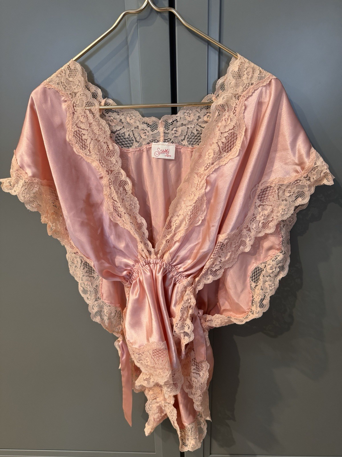 Teddy Vintage Lingerie Bodysuit Peach Lace Satin Ribbon Medium