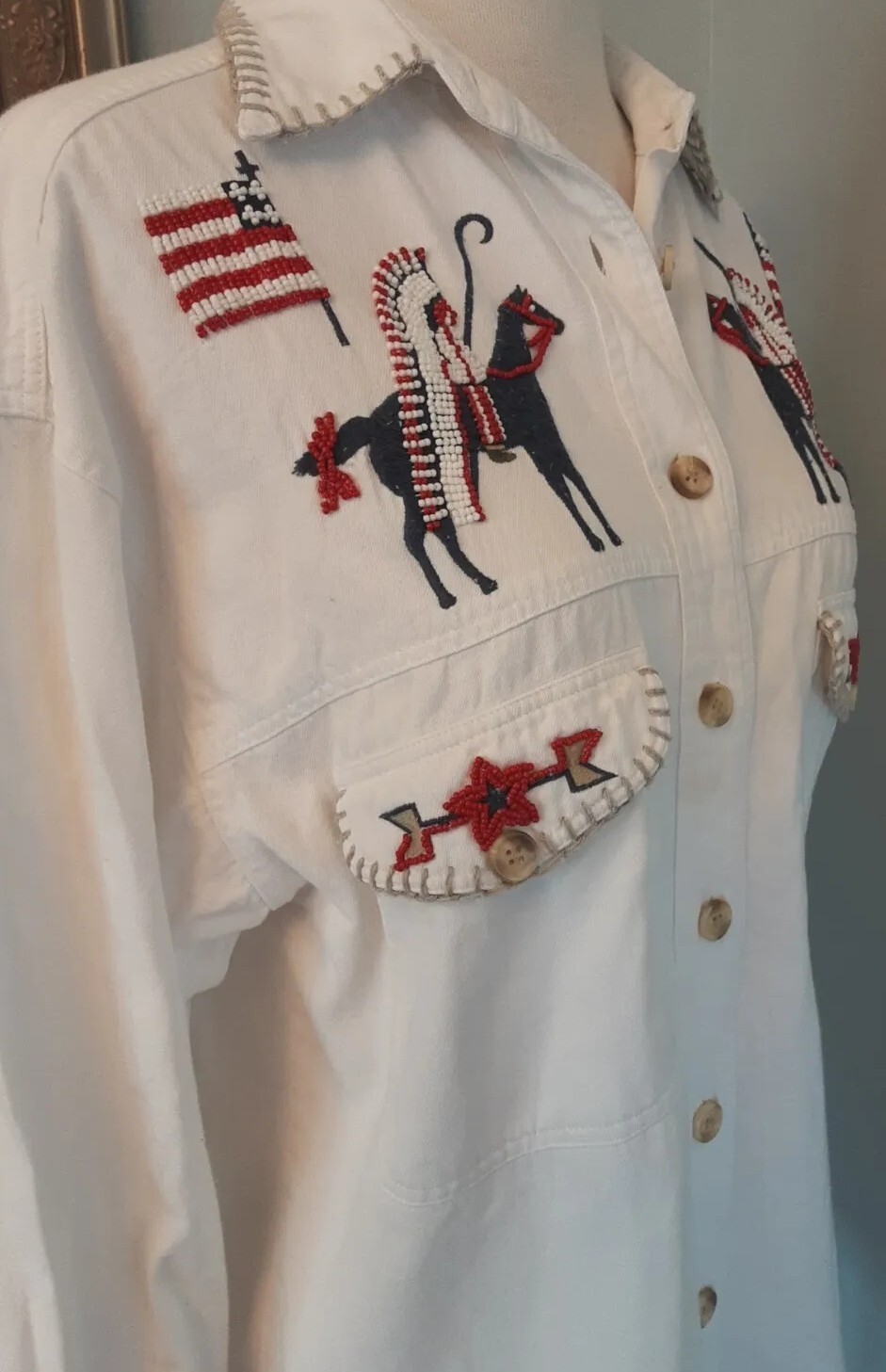 VTG/RARE•BEADED WESTERN SHACKET•INDIAN CHIEFS•HORSES•FLAGS•SZ S-M•CAMBRIDGE CO.