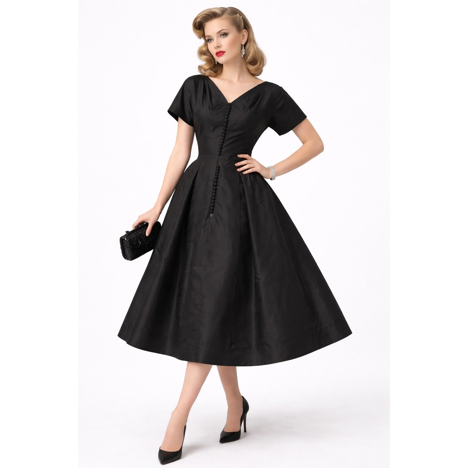 VTG 50s Mary Sachs Black Silk Taffeta Couture LBD Rockabilly Glam M