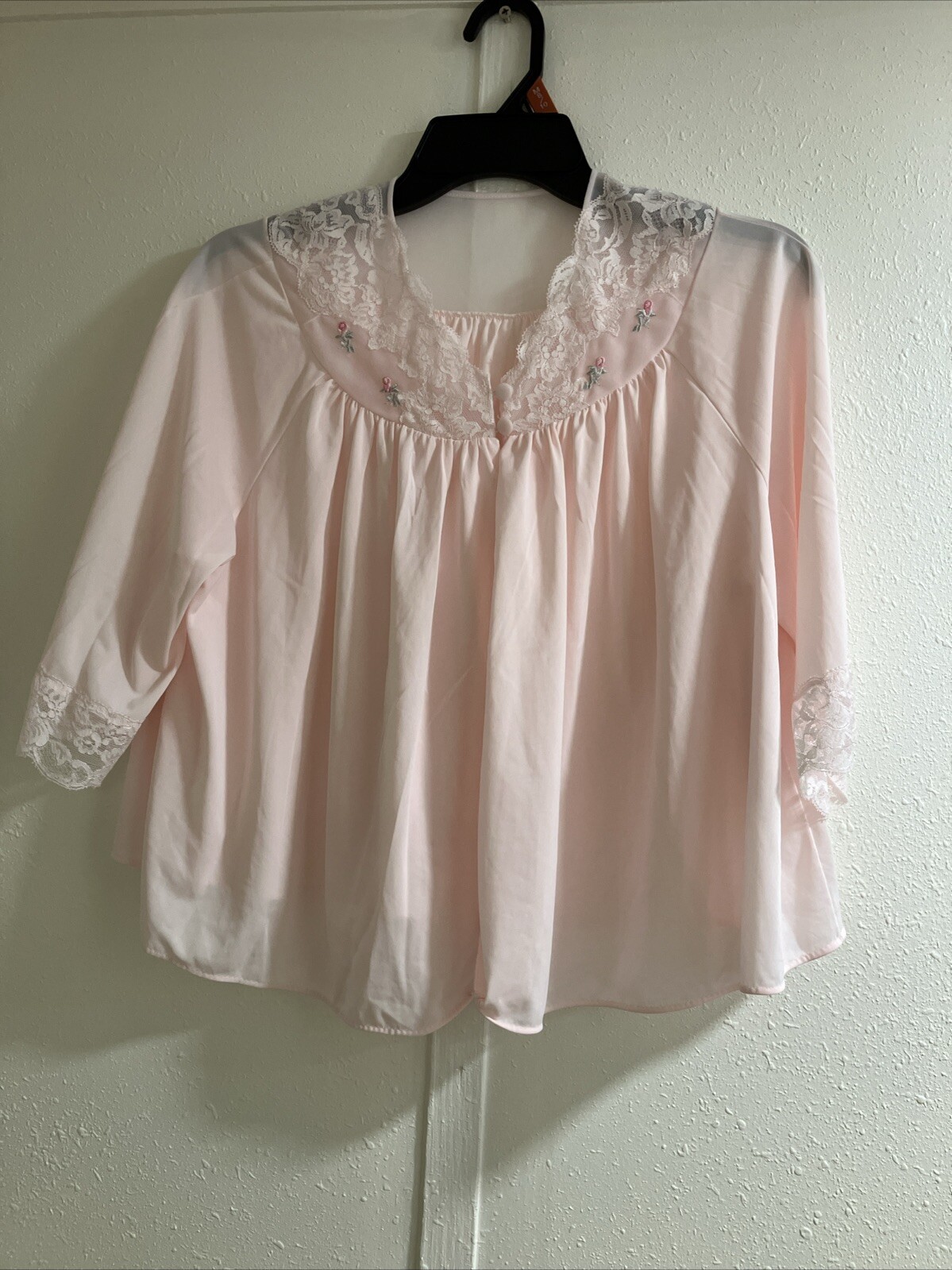Vintage Shadow Line Nylon Nightgown Topper Pink Embroidered With Lace Sz M