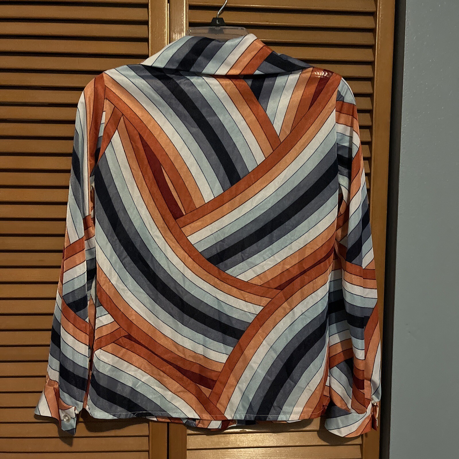 Vintage 70s NPC Fashions Button Front Sheer Poly Shirt Top Rainbow Stripe Sz 34