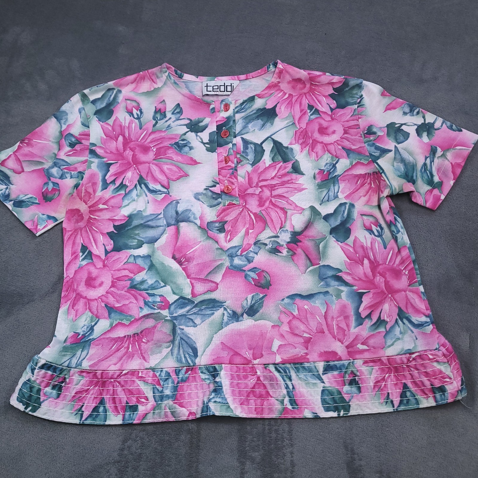 Vtg 90s Teddi Floral Blouse All Over Colorful USA Medium Shirt Flower Button