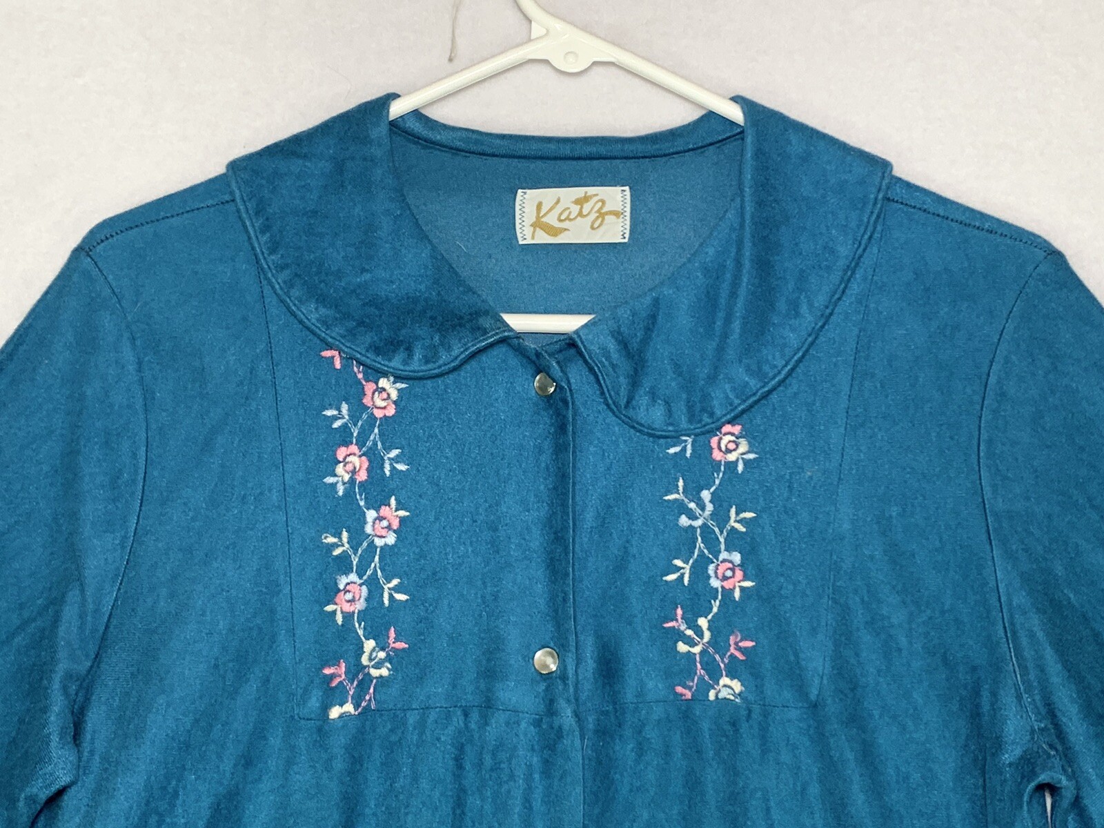 Vintage 1970s Thermal Nightgown Katz Embroidered Floral Pearl Snap Pajamas Large