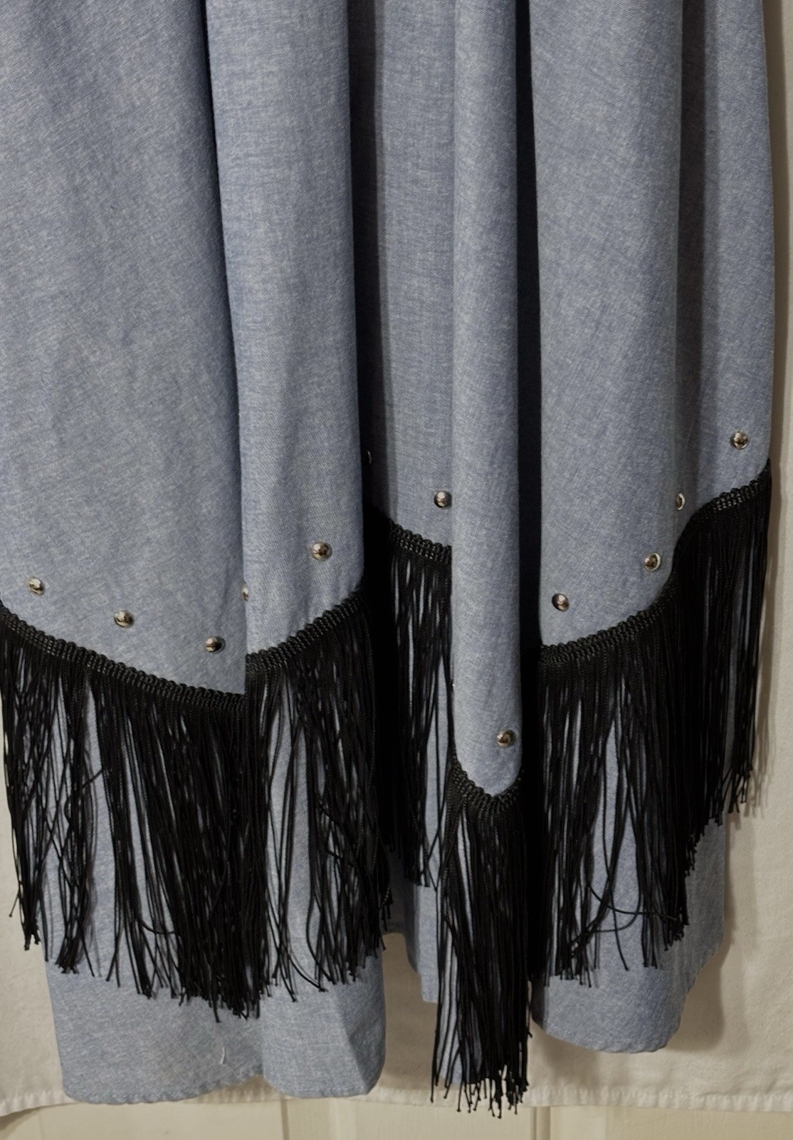 Vintage 80s Cowgirl Western Denim Fringe Midi Dress Large Button Up Long Sleeve